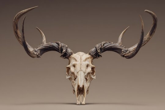 Realistic portrayal of a deer skull with impressive antlers displayed against a neutral background highlighting its intricate details and textures