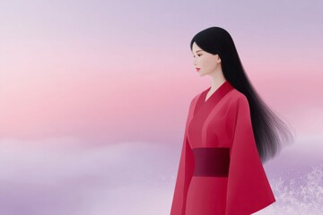 a woman in a red kimono, with long black hair, against a pink sky background