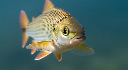 Close up underwater view captures an iridescent freshwater fish swimming in muted blue-green depths