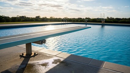 Swimming pool with diving board outdoors.