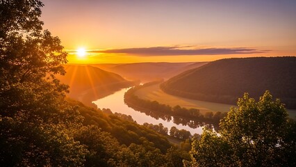 Sunset over serene river landscape hills.