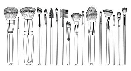 Comprehensive set of black and white illustrations featuring various makeup brushes for professional beauty and cosmetic use.