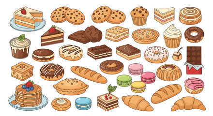 Comprehensive collection of hand-drawn cookies, cakes, pastries, donuts, and breads perfect for bakery and cafe branding.