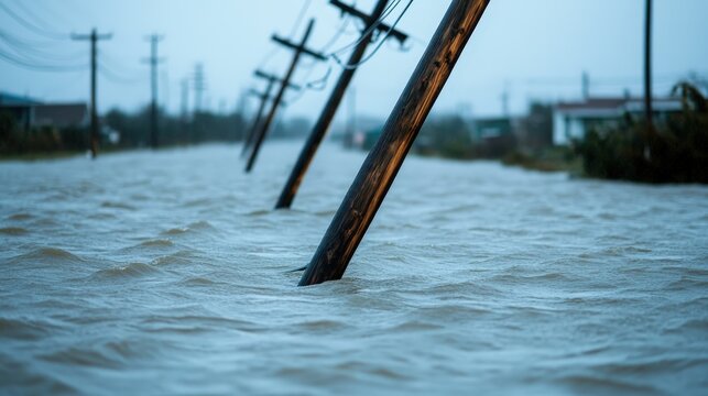 Floodwaters submerge utility poles along a street, with buildings and power lines visible in the distance. - Powered by Adobe