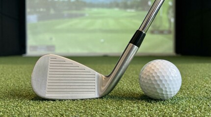 Close up view of a gleaming golf club iron face positioned immediately beside a dimpled white golf ball ready for impact on artificial green turf.