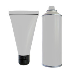 High-quality 3D render of cosmetic packaging containers including a tube and aerosol can, ready for branding design