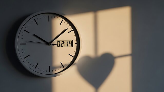 Valentines day clock with heart shaped shadow on wall at 12 00