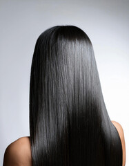 Back view of a woman with long straight black hair. Beautiful long straight black hair. Silky long black hair