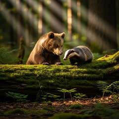 Young brown bear and badger interact closely atop a moss-covered fallen tree trunk in a sunlit forest