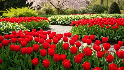 Vibrant Red Tulips in Garden Landscape.