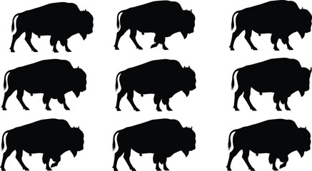 Collection of American bison silhouettes featuring various buffalo poses in side profile for wildlife conservation and western nature vector illustration. © Creative_Solution