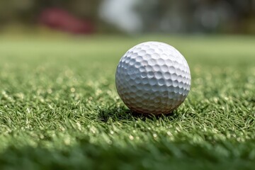 Closeup view of a single golf ball resting on artificial turf in a sunny outdoor golf setting with a blurred background