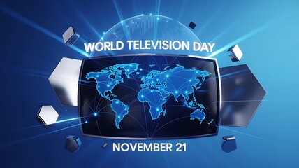 World television day concept with global map and digital broadcast screens
