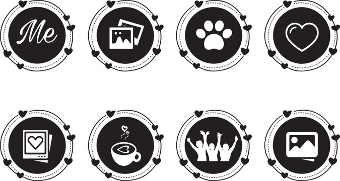 Black Circular Social Media Highlight Icons Set, Minimal Story Covers with Love, Photo, Pet Symbols