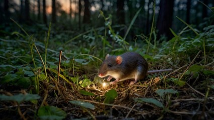 As twilight settles over the forest, a shrew emerges from its nest of grass and roots