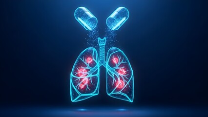 Holographic representation of human lungs receiving medication from dissolving capsules illustrating respiratory treatment and pharmaceutical intervention against disease in a dark digital space