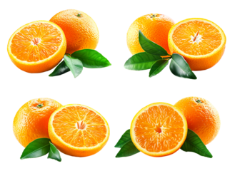 Set of orange, juicy orange half, and vibrant green leaf isolated on white transparent background.