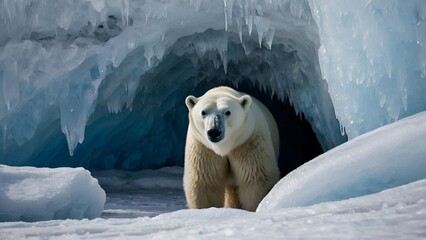 A polar bear stands near an ice cave entrance