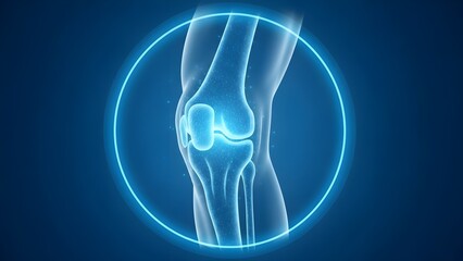 Glowing blue medical illustration showing a detailed side profile of the human knee joint anatomy highlighted within a bright circular digital frame against a dark backdrop