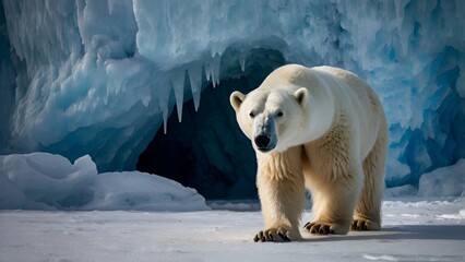 A polar bear stands near an ice cave entrance