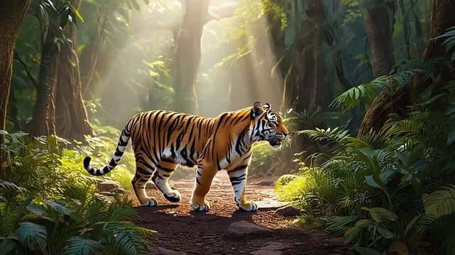Majestic tiger walking through lush jungle with sunlight filtering through trees