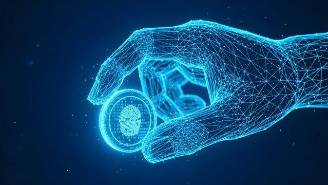 Digital wireframe hand securely holding a glowing cryptocurrency coin featuring a biometric fingerprint scan within a futuristic network environment representing secure digital finance transactions - Powered by Adobe