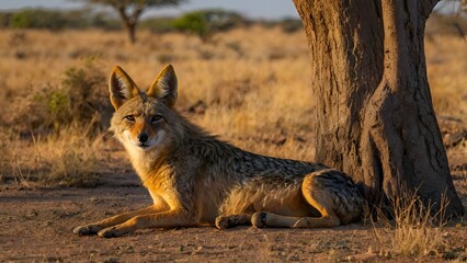 A golden jackal rests in the shade of a large acacia tree