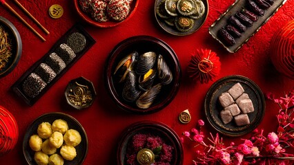 An opulent array of gourmet dishes and sweet delicacies, featuring fresh seafood and tempting desserts, beautifully presented on a vibrant red background for a joyous festive occasion
