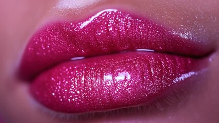 Close-up of shimmering pink lips with gloss