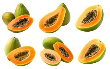 Set of Half-cut ripe papaya showcasing orange flesh and black seeds, isolated on clean transparent white background