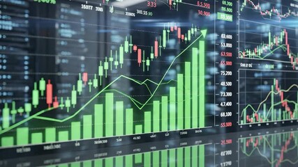 Dynamic digital display of financial market data with realtime stock charts showing upward trends and fluctuating values representing global economic growth investment opportunities and complex tradi. - Powered by Adobe