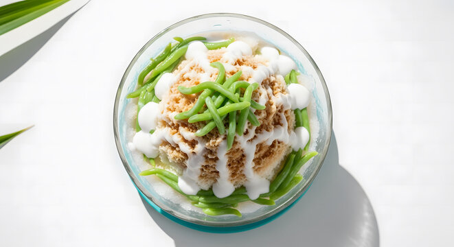 Cendol dessert with green rice flour jelly, shaved ice, palm sug