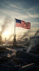 National banner proudly waves above scene of widespread urban destruction at sunrise
