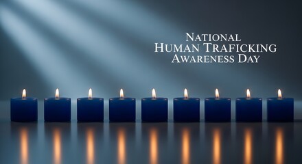 National Human Trafficking Awareness Day with Row of Blue Candles and Light Rays on Dark Background