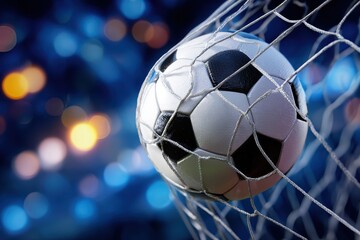 Naklejka premium Soccer ball curves into the goal net during an intense match on a vibrant evening under stadium lights