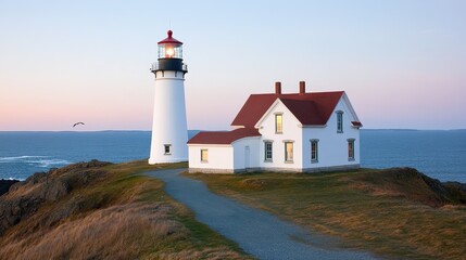A white lighthouse and house with a red roof stand on a grassy cliff overlooking the ocean at sunset.