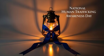 National Human Trafficking Awareness Day Concept with Lantern and Blue Ribbon on Dark Background