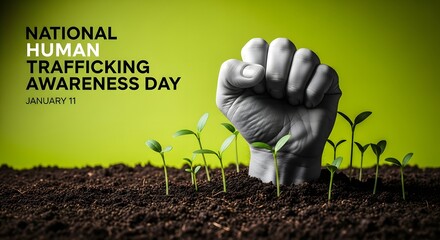 National Human Trafficking Awareness Day Banner with Fist and Growing Plants for Hope and Freedom