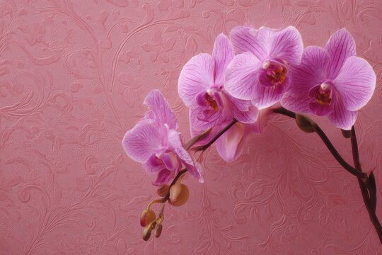 Bright display of purplepink orchids against a soft pink textured background in a serene indoor setting, showcasing the beauty of nature and floral design - Powered by Adobe