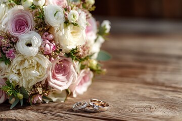 Closeup of wedding rings resting on wooden surface beside elegant bouquet featuring roses and ranunculus, perfect for celebrating love and commitment during a memorable ceremony
