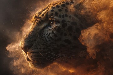 Epic cinematic portrait of a leopard showcasing powerful features amidst a dramatic backdrop of swirling smoke and vibrant colors