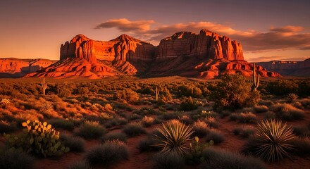 Towering red rock formations glow intensely under a warm sunset sky above a rugged desert landscape.