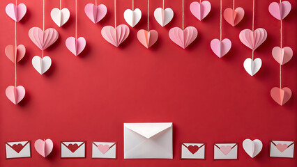 Colorful paper hearts and envelopes
