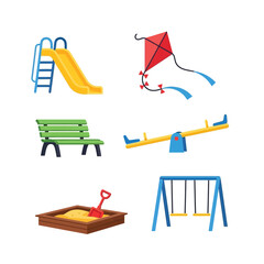 a colorful illustration depicts a playground scene featuring a slide swing set seesaw bench and sandbox with a kite flying above