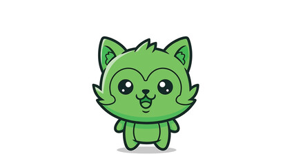 Fototapeta premium Adorable Green Cartoon Cat with Big Eyes and Small Smile.
