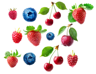 Set of strawberry, blueberries, raspberry and cherry with green leaves isolated on white transparent background