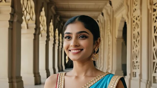 An Indian woman with kohl-lined eyes and earrings smiles at the camera. She stands in a beautiful palace hallway with warm light filtering through decorative windows