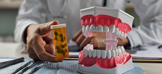 Dentist holding a tooth model and pills in clinic. Vitamins and medicines for teeth concept