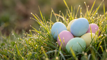 Colorful pastel eggs nestle in morning dewy grass