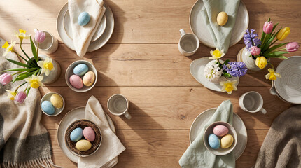 Beautifully set spring table with colorful Easter eggs & fresh flowers